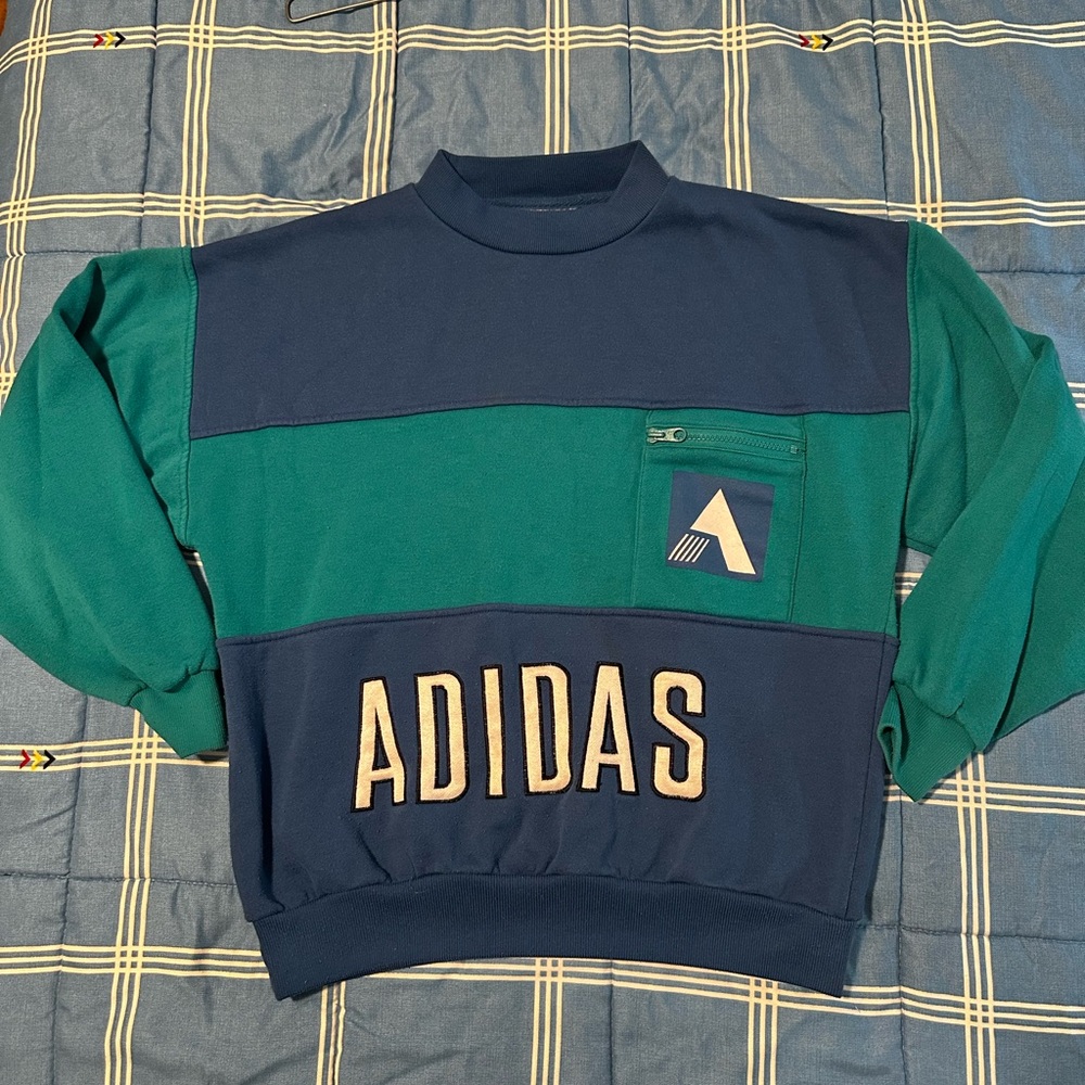 Adidas Blue and Green Crewneck Sweater with Bold Branding